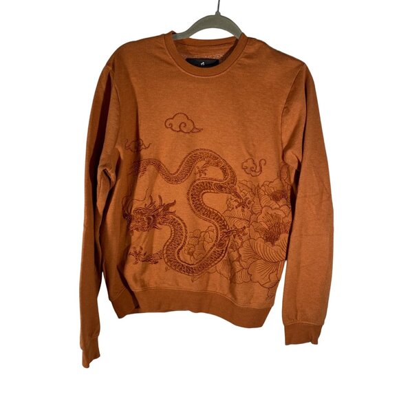 Blind Rooster Embroidered Asian art Dragon Sweatshirt Men’s Small Amber orange - Picture 2 of 10